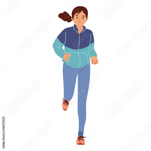 vector illustration of a young woman character running in a running jacket and running shoes