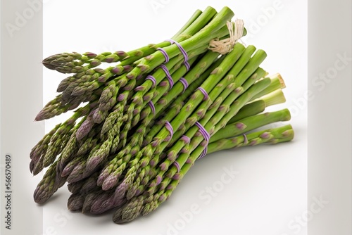  a bunch of green asparagus on a white background with a white border around it and a purple ribbon around the end of the stems.  generative ai photo