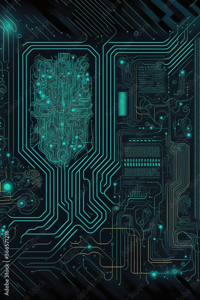 Image of computer circuit board and green light trails on dark background created using Generative AI technology