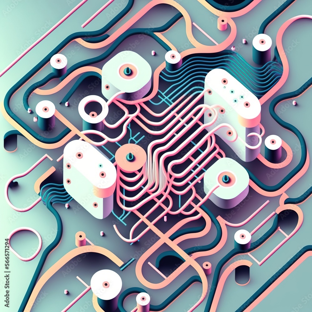 Naklejka premium Image of computer circuit board and pink blue light trails on light green background created using Generative AI technology