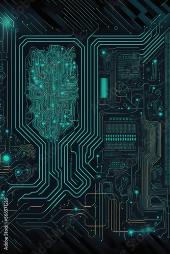Image of computer circuit board and green light trails on dark background created using Generative AI technology