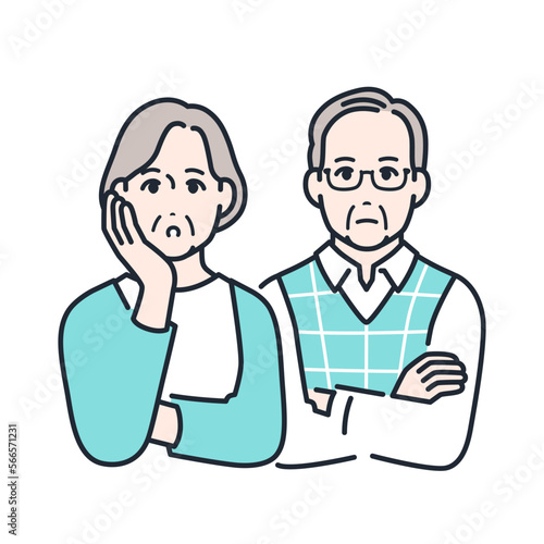 真面目に考えるシニア夫婦のシンプルなベクターイラスト素材