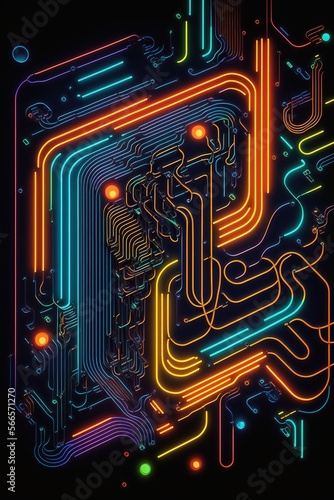 Image of computer circuit board and blue orange light trails on dark background created using Generative AI technology