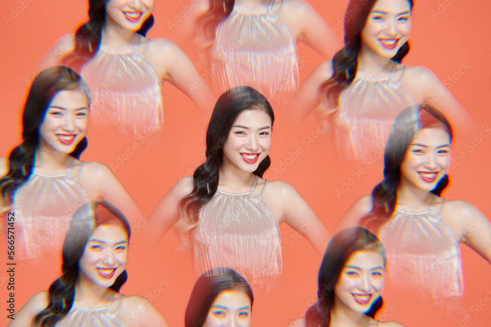 woman in elegant shiny dress on a red background woman in elegant shiny dress on a red background