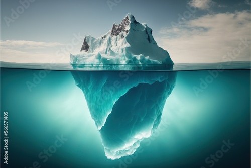 Composition of iceberg seen underwater in sea over blue sky, created using generative ai technology