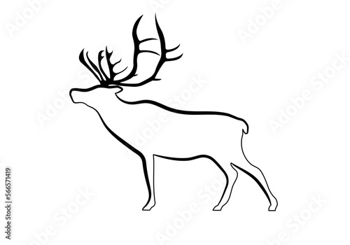 A deer with antlers. Silhouette and line in black.