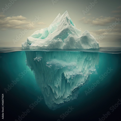 Composition of iceberg seen underwater in sea over blue sky, created using generative ai technology