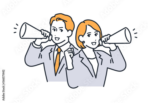 メガホンを持って応援するビジネスパーソンのシンプルなベクターイラスト素材