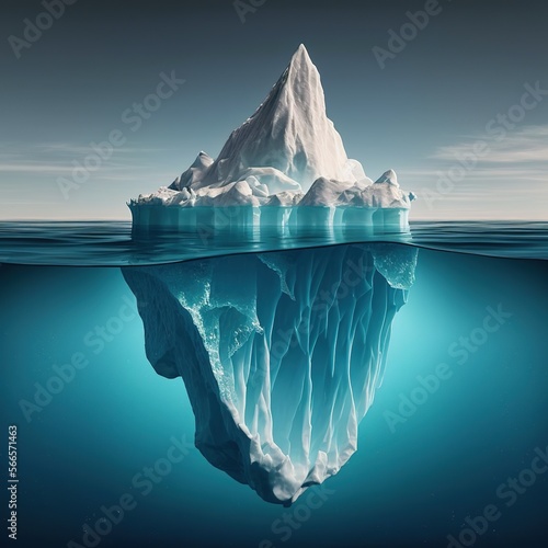 Composition of iceberg reflected in blue sea over blue sky, created using generative ai technology