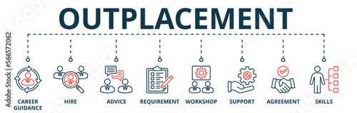 Banner of outplacement web vector illustration concept with icons of career guidance, hire, advice, requirement, workshop, support, agreement, skills
