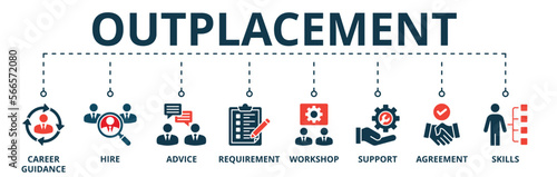 Banner of outplacement web vector illustration concept with icons of career guidance, hire, advice, requirement, workshop, support, agreement, skills