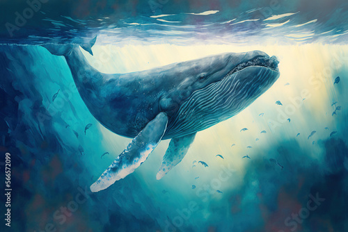 Digital watercolor painting of a whale underwater. 4k Wallpaper  background