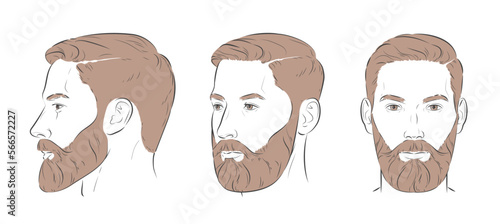 Man with beard. Barbershop trimming bearded hipster hairstyle. Stylish haircut. Set of man face portrait different angle view turns front, profile, three-quarter. Vector illustration