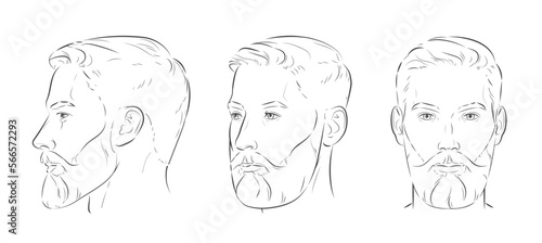 Man with beard. Barbershop trimming bearded hipster hairstyle. Stylish haircut. Set of man face portrait different angle view turns front, profile, three-quarter. Vector illustration