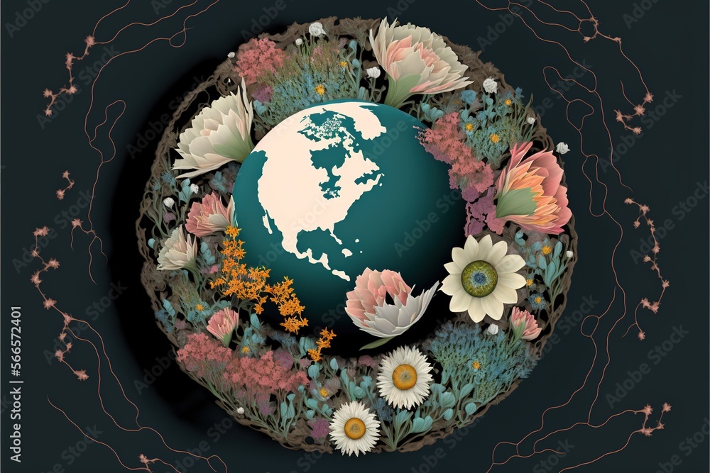 Globe with overgrowing flowers and roots on black background, created using generative ai technology Globe with overgrowing flowers and roots on black background, created using generative ai technology