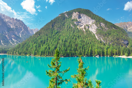 Lago di Braies in Italy . Scenery of green mountain and lake . Pragser Wildsee in South Tyrol Italy
