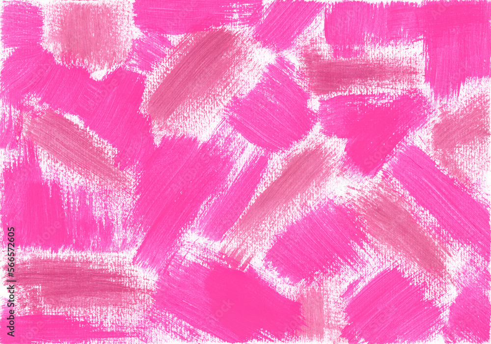 Brushstrokes of pink and pearlescent paint on textured horizontal white canvas. Abstract acrylic, gouache or tempera pink paint texture. Artistic background with place for text.