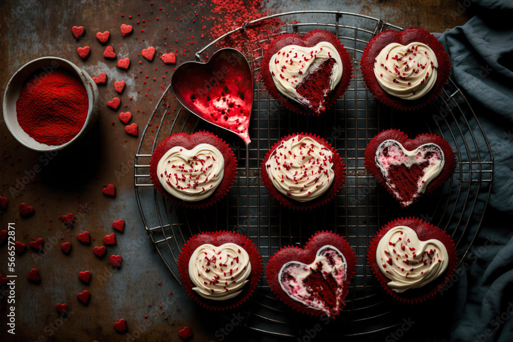 Red velvet cupcakes, Saint Valentine sweet treat concept. Generative AI