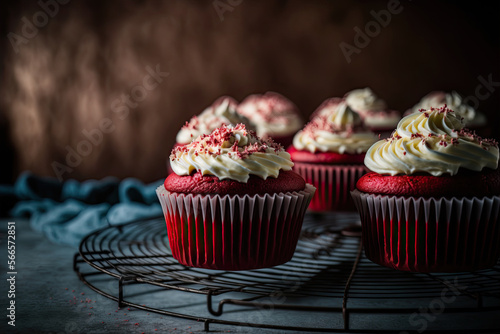 Red velvet cupcakes, Saint Valentine sweet treat concept. Generative AI