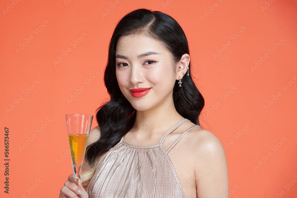happy dreamy young woman hold champagne glass holiday happy dreamy young woman hold champagne glass holiday