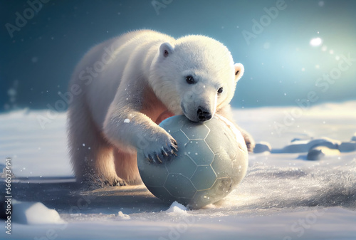 White polar bear cub playing football in snowy landscape background. Animal and sport concept. Generative AI