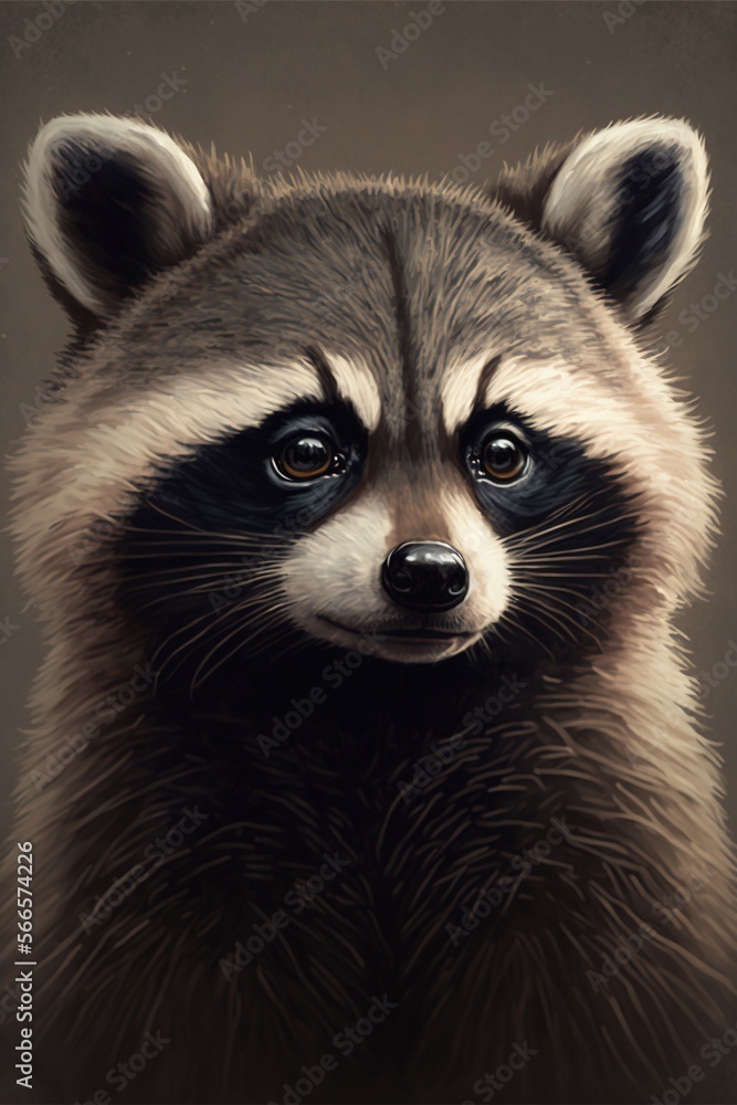 Fototapeta premium Portrait of cute raccoon on gray background, created using generative ai technology