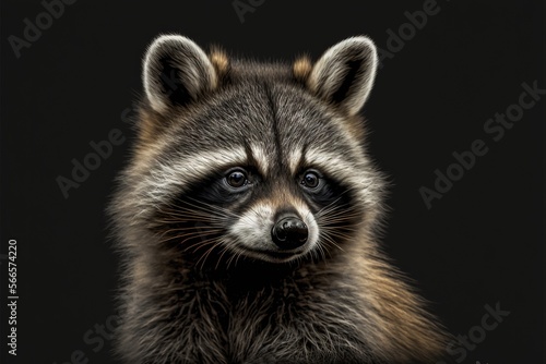 Portrait of cute raccoon on black background, created using generative ai technology