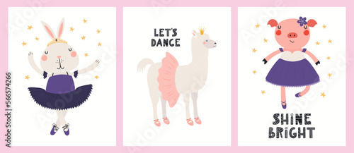 Cute funny animals, rabbit, llama, pig, ballerina girls, ballet dancers. Posters, cards collection. Hand drawn vector illustration. Scandinavian style flat design. Concept kids fashion, textile print.