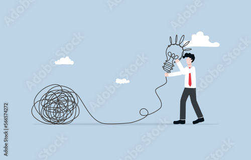 Gain knowledge from problem solving, turn crisis to opportunity for learning and skill development, find creative solution concept, Businessman create light bulb from tangled line. 