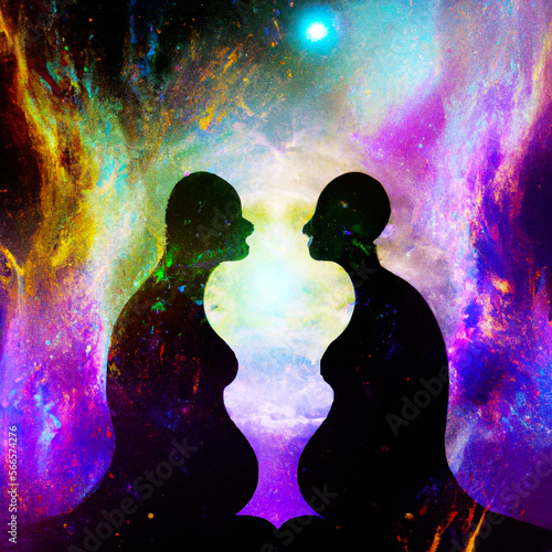 Two Aliens silhouettes at abstract cosmic background. Aliens souls couple in love and spiritual life concept – Generative AI illustration photo