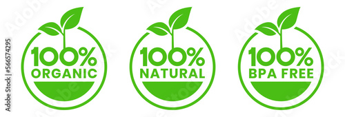 100% Natural and organic Product Vector Icon Circle Sign. Healthy Food Emblem. Organic food Badge.