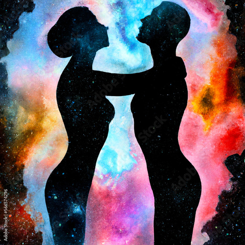 Man and Woman silhouettes at abstract cosmic background. Human souls couple in love and spiritual life concept – Generative AI illustration photo