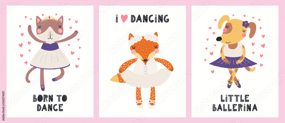 Cute funny animals, cat, fox, dog, ballerina girls, ballet dancers. Posters, cards collection. Hand drawn vector illustration. Scandinavian style flat design. Concept for kids fashion, textile print. Cute funny animals, cat, fox, dog, ballerina girls, ballet dancers. Posters, cards collection. Hand drawn vector illustration. Scandinavian style flat design. Concept for kids fashion, textile print.
