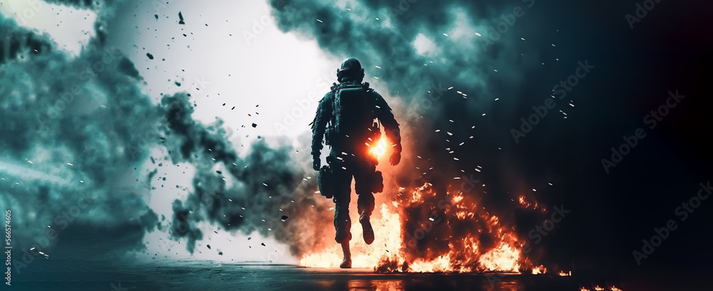 Special forces soldier equipped with battle armor in a combat zone. Explosion, smoke and fire sparks on background. copy space, poster design, flip. digital art, ai Special forces soldier equipped with battle armor in a combat zone. Explosion, smoke and fire sparks on background. copy space, poster design, flip. digital art, ai