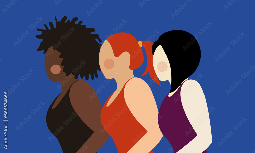 Three women of different nationalities on a blue background.