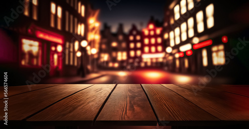 Empty wood table top of coffee house or restaurant and a blurred old european city at night with bokeh on background. Banner mock up background for display or montage your products.