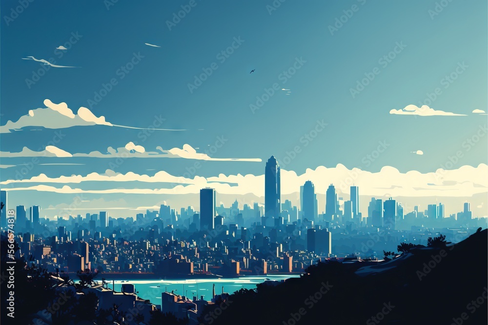  a painting of a city skyline with a lake in the foreground and a bird flying in the sky over the cityscape of a large body of water.  generative ai