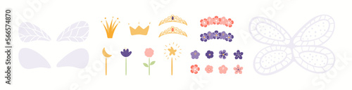 Girly fairy accessories, wings, magic wands, crowns, flowers clipart collection, isolated on white. Hand drawn vector illustration. Scandinavian style flat design. Cartoon elements set for kids print