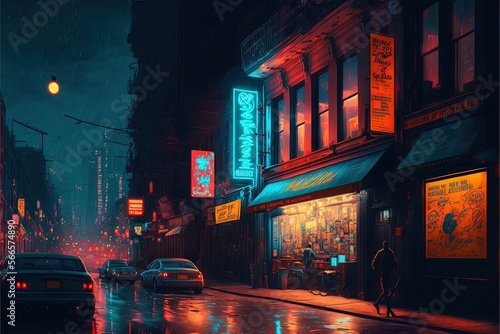  a painting of a city street at night with neon signs and cars parked on the side of the street and people walking on the sidewalk.  generative ai