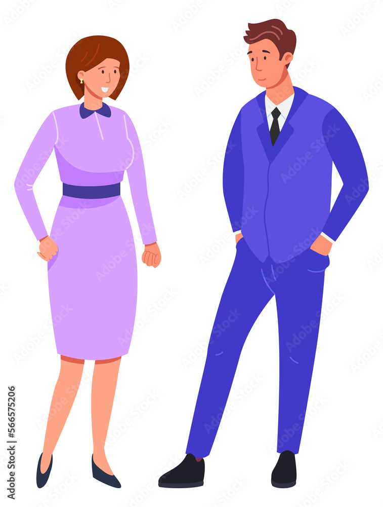 Man and woman in formal clothes. Colleagues talking. Young couple