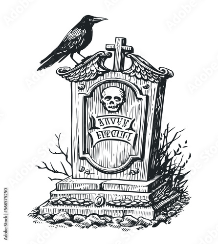 Old gravestone and raven sketch. Cemetery, tombstone in vintage engraving style. Hand drawn vector illustration