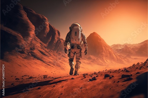 Astronaut exploring planet mars with mountains, created using generative ai technology