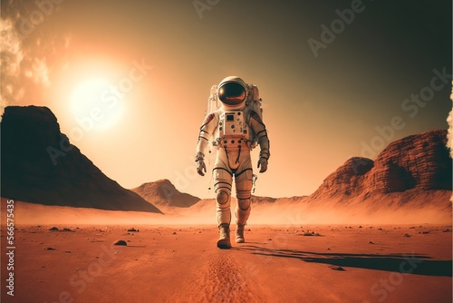 Astronaut exploring planet mars with sun and mountains, created using generative ai technology © Future Vision