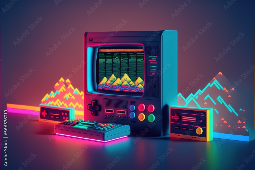 Retro gaming console and pads in neon background, created using generative ai technology