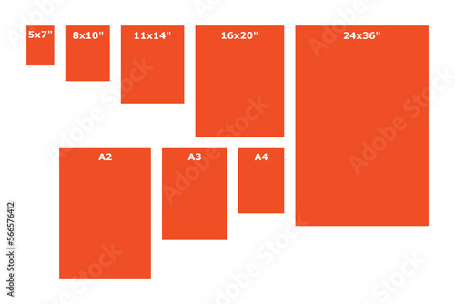  Printable sizes guide graphic. Poster printing standards illustration. Printer paper sizes. Vector.