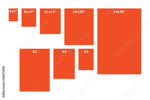  Printable sizes guide graphic. Poster printing standards illustration. Printer paper photo sizes. 