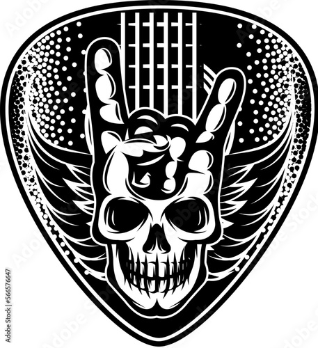 Designed guitar plectrum. Background with guitar, skull, wings and hand. Vector monochrome illustration