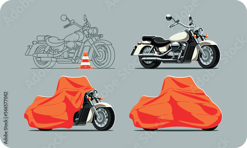 The motorcycle cruiser is in the garage protected by an orange cover. Motorcycle storage and delivery. Illustration of a custom motorcycle. Vector graphics. (ID: 566577042)