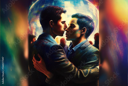 Love is love. International lgbt gay love. Two young gay boys say goodbye at the disco to carry on a long-distance relationship.Ai generated.