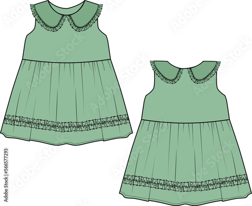 KID GIRLS WEAR DRESS WITH PETER PAN COLLAR FRONT AND BACK VECTOR